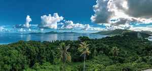 View looking out across a vast body of water bordered by a forested ridgeline.