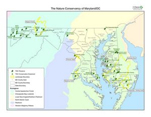 A map features Maryland and surrounding lands and waters.