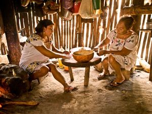 Two people prepare food on a simple table in a family cooking hut in the Maya Forest in Mexico.