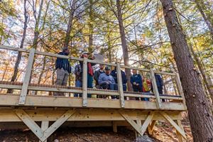A group of people on an observation platform in woods.