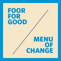 Square graphic with the tex "food for good" in top left corner and "menu of change" in bottom right corner.