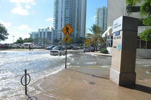 Urban streets with traffic are flooded as water runs over sidewalks.