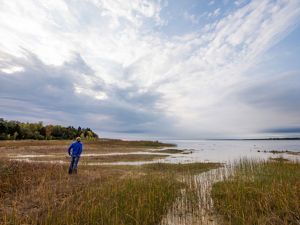 A person stands at the edge of a large estuary; the sky is filled with dramatic white clouds.