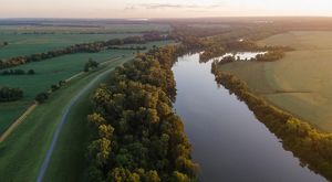 View from a high vantage point of a forest in fall colors with a river running alongside it.