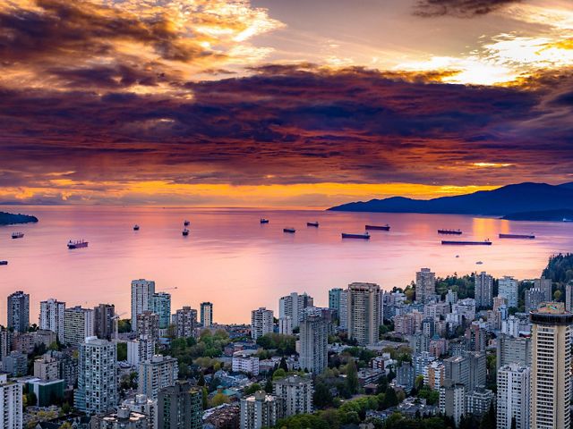 View of the English Bay in Vancouver, Canada at sunset.