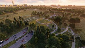 Mock-up image showing cars going through a tunnel under expansive green space.