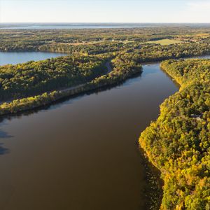 Aerial view of the wide Mississippi River headwaters flowing through forest.