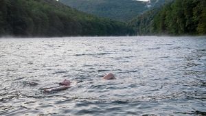 A woman floats face up  in the middle of a large body of water with her arms outstretched in the water. A line of trees is in the background. 