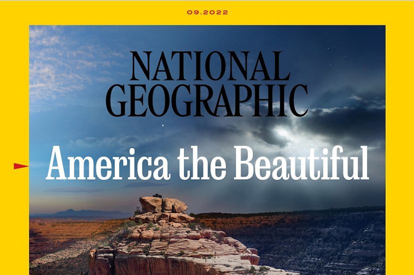 National Geographic magazine cover. The masthead and title, America the Beautiful, are superimposed over a dramatic southwest landscape inside a narrow yellow border.