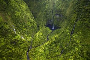 Aerial view of tall, thin waterfalls running down steep green cliffs at Wainiha Preserve in Kaua'i.