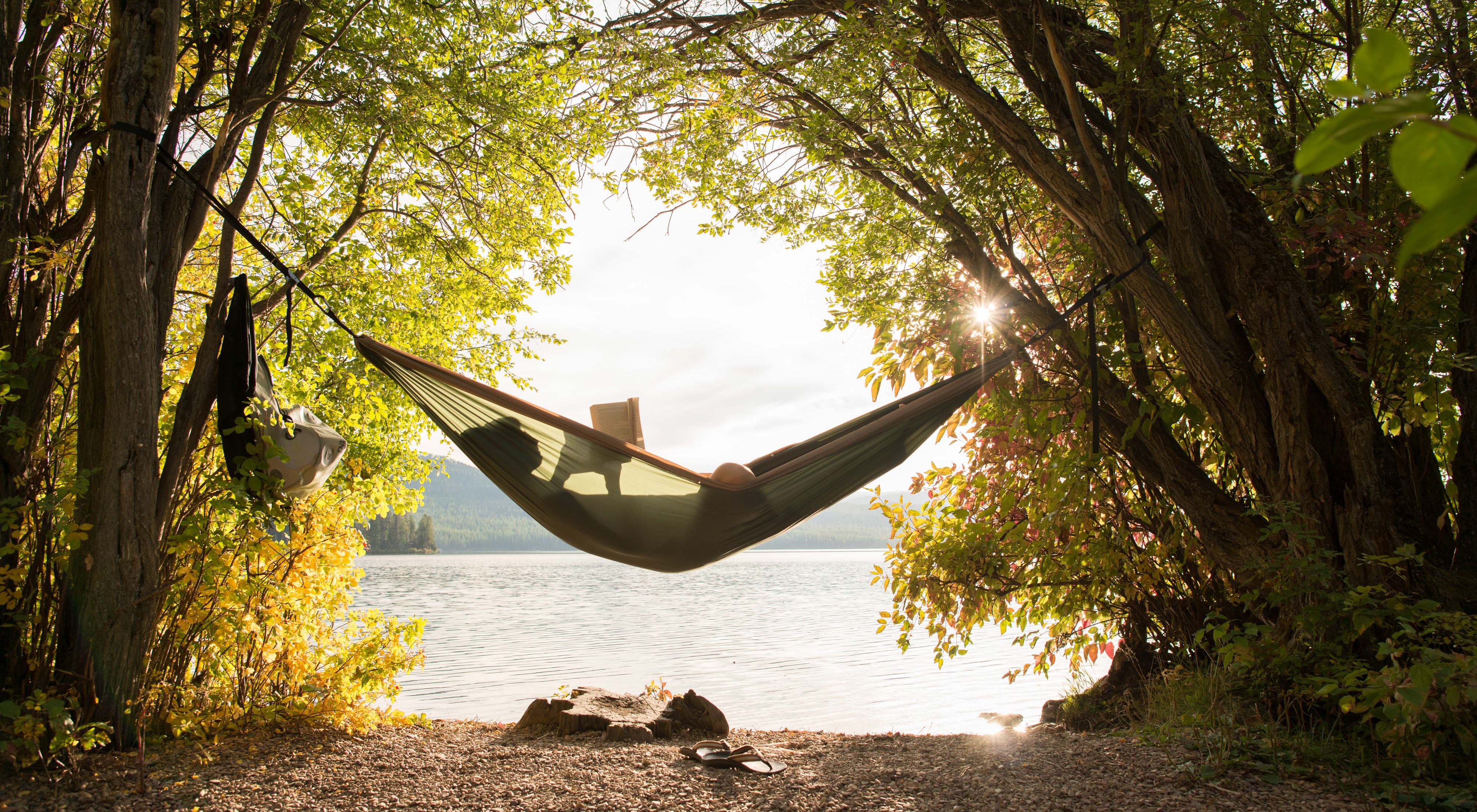 A woman reads a book while reclining in a hammock strung between two trees at the edge of a placid lake.