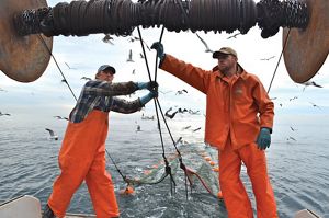 Two fishermen in bright orange jackets pull rigging on a fishing boat.