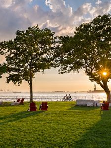 Two people riding bicycles framed by two trees, ocean.