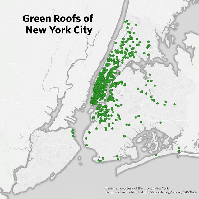 Locations of all green roofs mapped in New York City