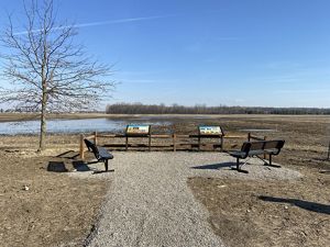 An overlook with benches and signage at Sandhill Crane Wetlands.
