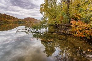 The Ohio River flows through colorful fall forest under gray skies.