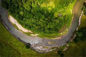 Winding Blue River around a grouping of trees.