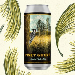 A beer car surrounded by line drawings of longleaf pine needles. The can label reads Piney Grove India Pale Ale and shows an illustration of a red-cockaded woodpecker perched on the side of a tree.