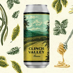 A beer car surrounded by line drawings of red spruce tips. The can label reads Clinch Valley Amber Lager and shows an illustration of an open meadow and mountain ridges lining the horizon.