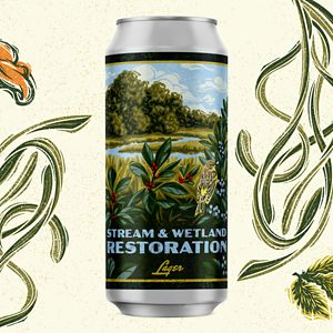 A beer can with a colorful label representing wetlands.