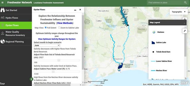 A screenshot from the OysterFlows app shows flow in the Sabine and Calcasieu Rivers.
