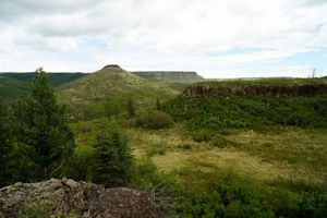 A landscape of several large green hills.