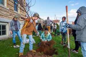 Group of people planting a tree in front of a building. 