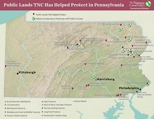 Topographic map of Pennsylvania. Red pins mark public lands TNC has helped to protect. Numbers highlight TNC preserves. Major rivers and cities are also highlighted.