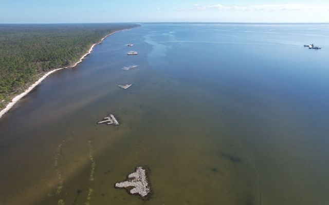 Aerial view of three newly constructed oyster reefs in Pensacola Bay. 