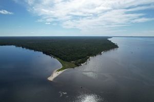 Aerial view of newly-constructed oyster reefs in Pensacola Bay in Santa Rosa County, Florida. 
