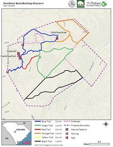 A trail map of a preserve includes red lines to reveal trails and green blobs to identify nature.