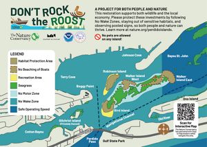 A map features how to navigate nature and recreation around a coastal area that includes small islands. 