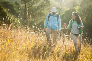 A couple walks through a meadow.