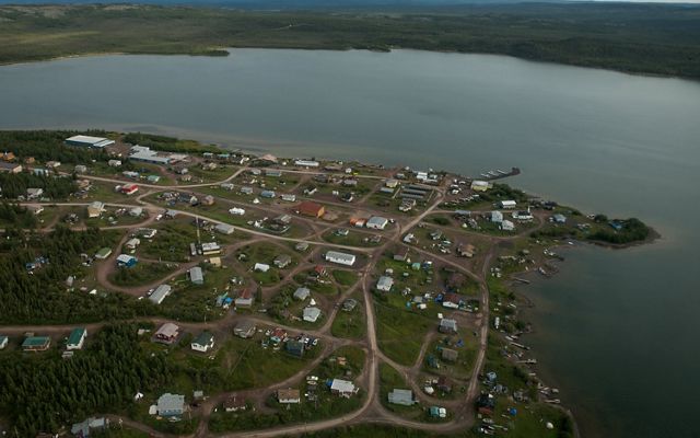 aerial of the first nation community of lutsel ke, butting out onto peninsula of great slave lake in northwest territories