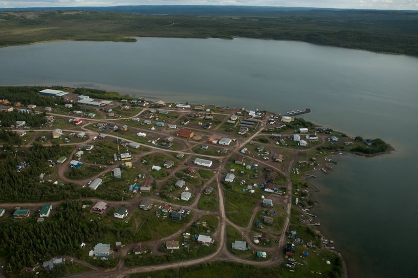 aerial of the first nation community of lutsel ke, butting out onto peninsula of great slave lake in northwest territories