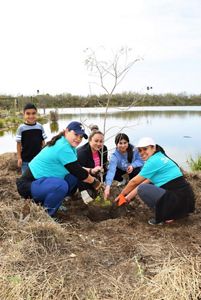 A group of four female volunteers plant a young Montezuma cypress tree along the edge of the Rio Grande while a young boy watches them at work. 
