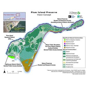 A graphic map of the concept map of Plum Island, showing future areas of natural restoration. 