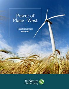 A single white windmill against a blue sky, with the words "Power of Place West."