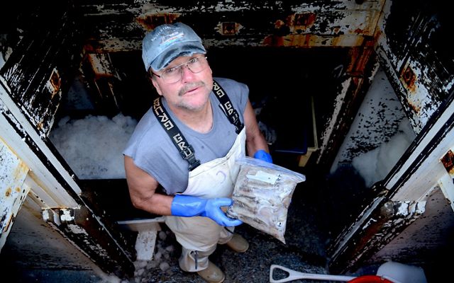 Randy Cushman, a commercial fisherman in the Gulf of Maine, stands in the well of his boat with a bag of frozen fish.