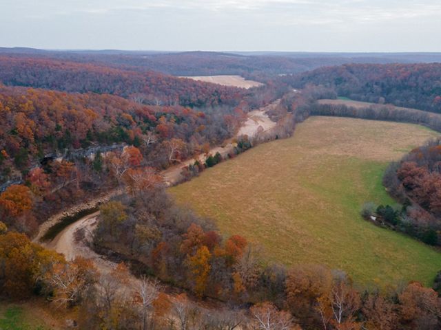 Aerial view of a winding creek running through a forested property on a fall day.
