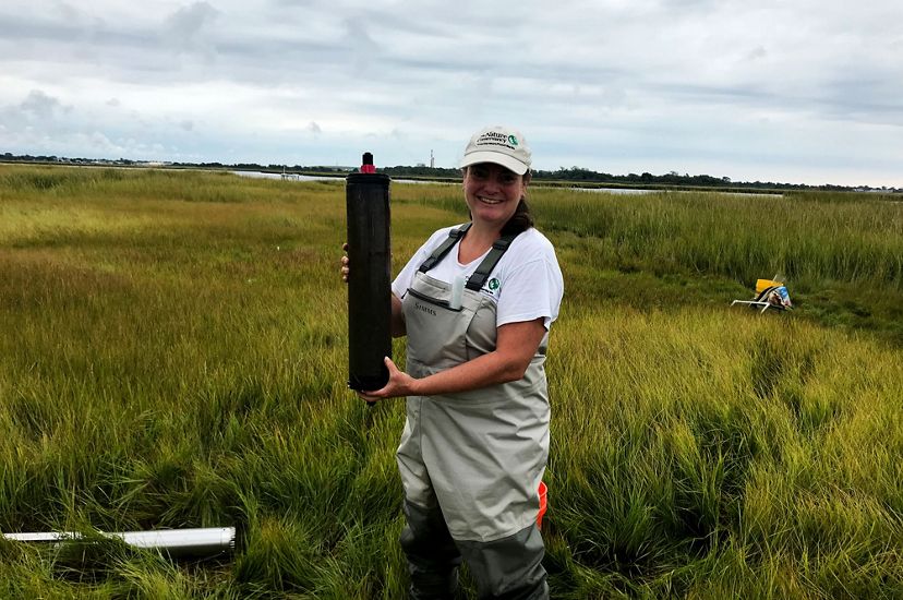 Nicole Maher stands in a marsh wearing waders and holding up a coil core, which looks like a two-foot long dark cylinder.