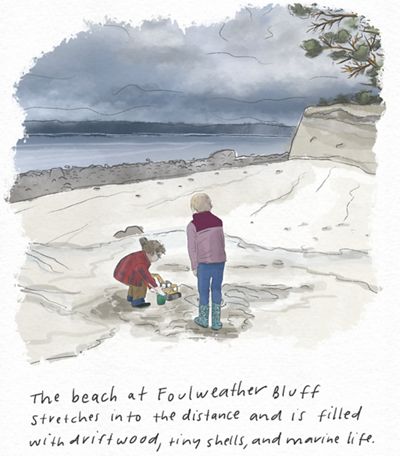 Illustration of two children playing in sand on a beach.