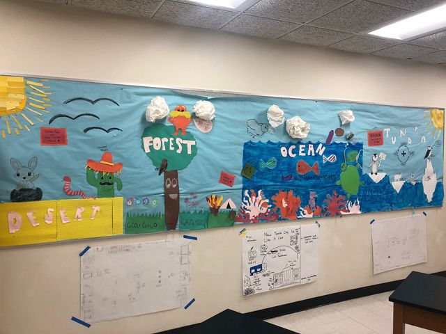 Made of colorful construction paper, a large diagram on a classroom walls shows desert, forest, ocean and tundra, along with info about organic chemical processes.