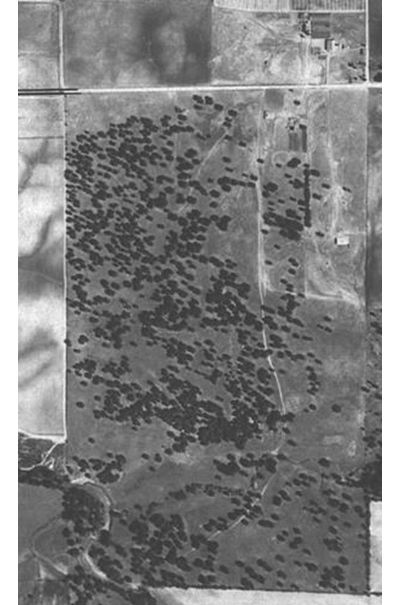 A black-and-white historical aerial photo of the Franklin farm taken in 1940.