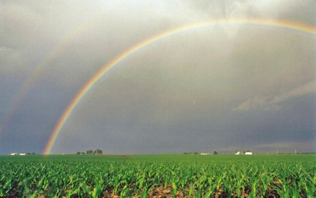 A double rainbow in a grey sky above the Franklin Farm.
