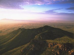 Mountains and desert at sunset. 