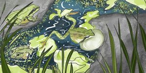 Watercolor illustration of a Pacific tree frog swimming in water.