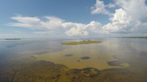View of bay with green and blue water under a blue cloudy sky.
