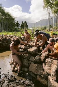 Workers in black loincloths stack stones in a wall.