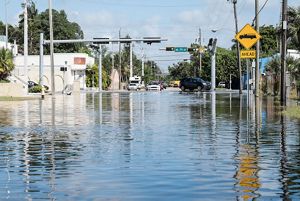 City streets are completely covered with flood waters.